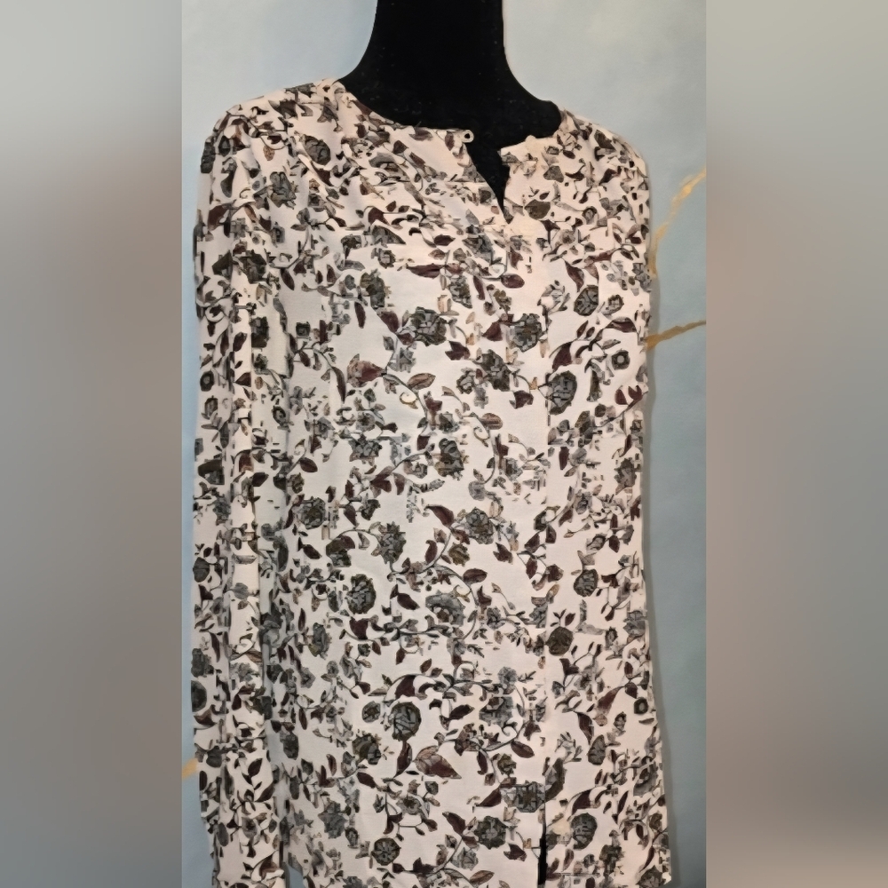 Loft Lightweight Floral Print Button Top White Brown Rose Pink Xs